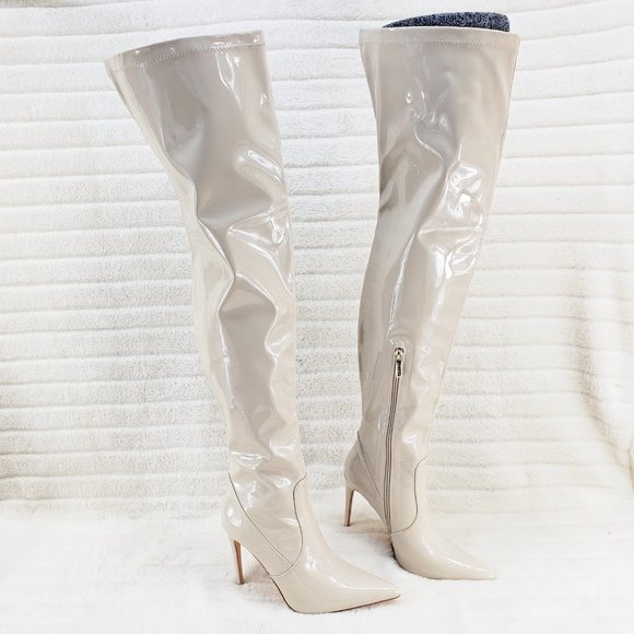 Bad Girlz Off White Nude Stretch Patent Wide Top Thigh High Heel Boots Brand New - Picture 6 of 10